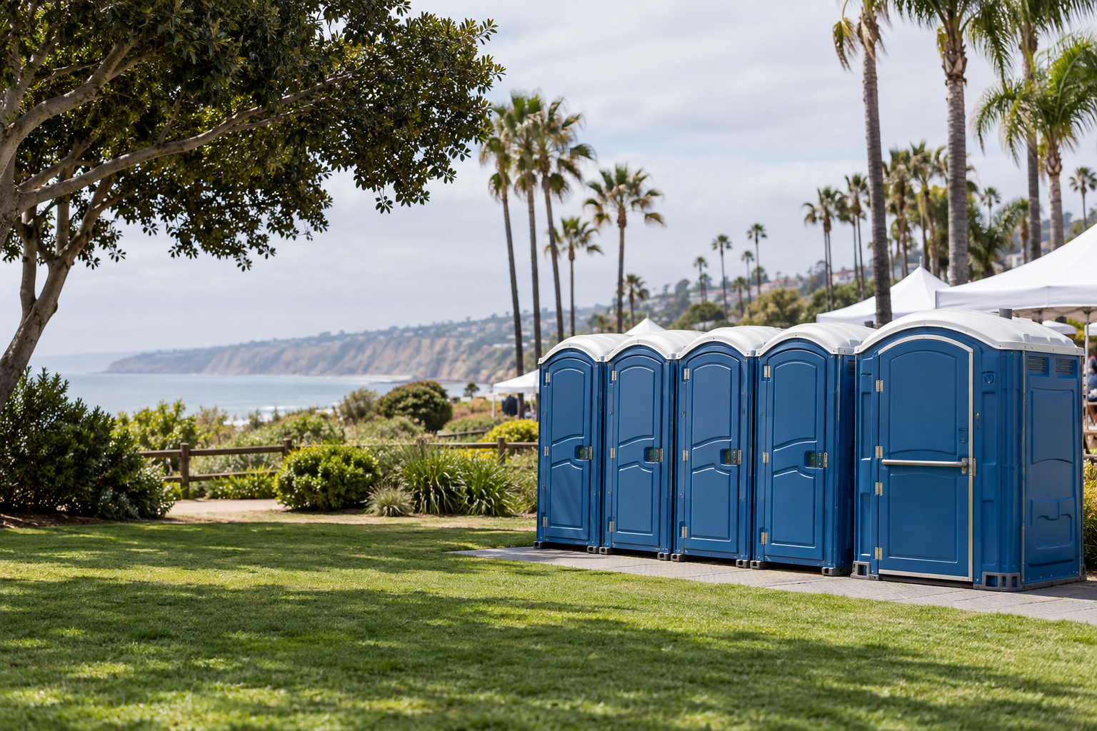 Portable restrooms at a coastal Southern California outdoor gathering