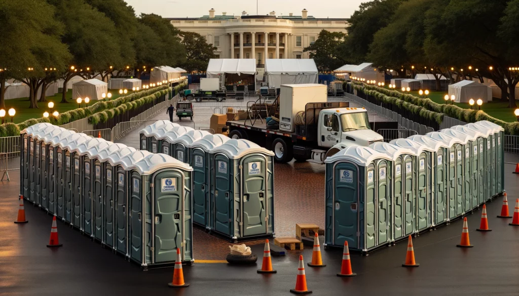 Festival porta potty bank with barricades in Torrance, California